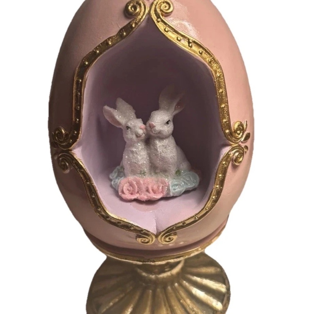 Easter Diorama Pink Gold Egg Pedestal Bunny Rabbit Resin Figurine Decor 8.5"